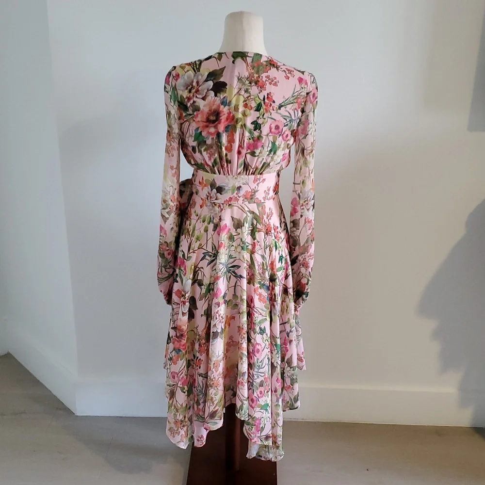 Jay Godrey Floral Pink/Green Wrap fully lined Dress handkerchief hem Size 0 EUC - Picture 5 of 9